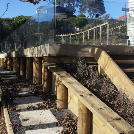 Completed retaining walls, walkways, stairs and paving